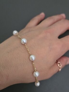 14K Gold Pearl Station Bracelet - White Pearls